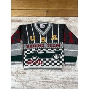 VTG 80s 90s J.J. Poole USA Racing Team Kids Sweater V-Neck Checkered Car 4T